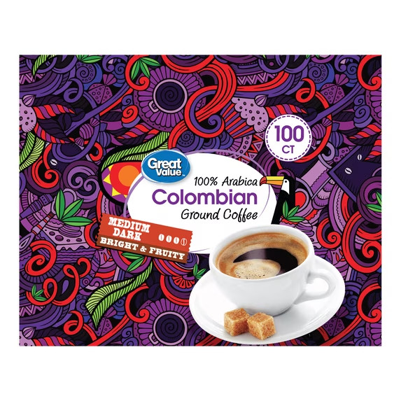 Great Value 100% Arabica Colombian Medium Dark Roast Coffee Pods 100 Ct K-Cups