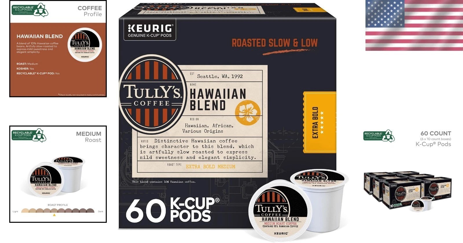 Tully’s Hawaiian Blend Coffee Pods – Medium Roast, Caffeinated K-Cups (60 Count)