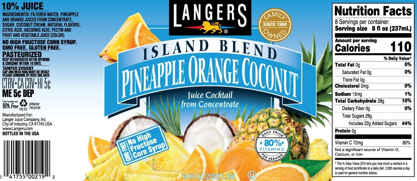 2 PACK- Langers Pineapple Orange Coconut Juice With Natural Flavors 64 Fl. Oz.