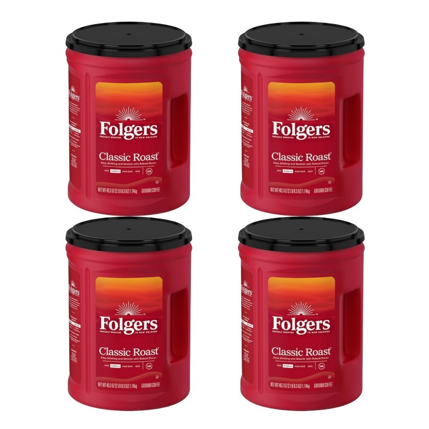 Folgers Classic Roast Ground Coffee, Medium Roast – 4 Canisters (40.3 oz Each)