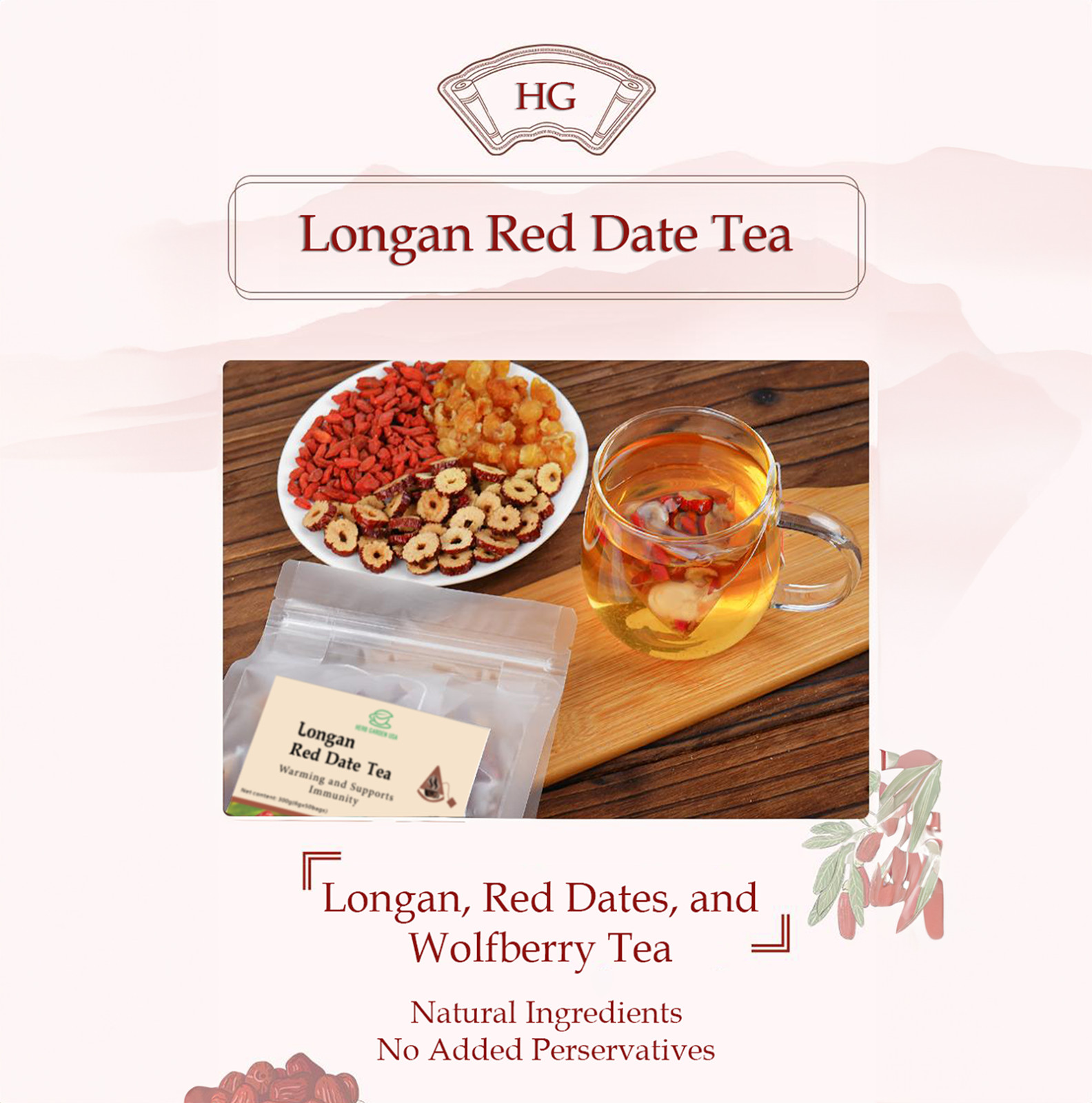 Longan Red Dates Tea Jujube Tea with Dried Wolfberry Longan 300g (6gx 50Teabags)