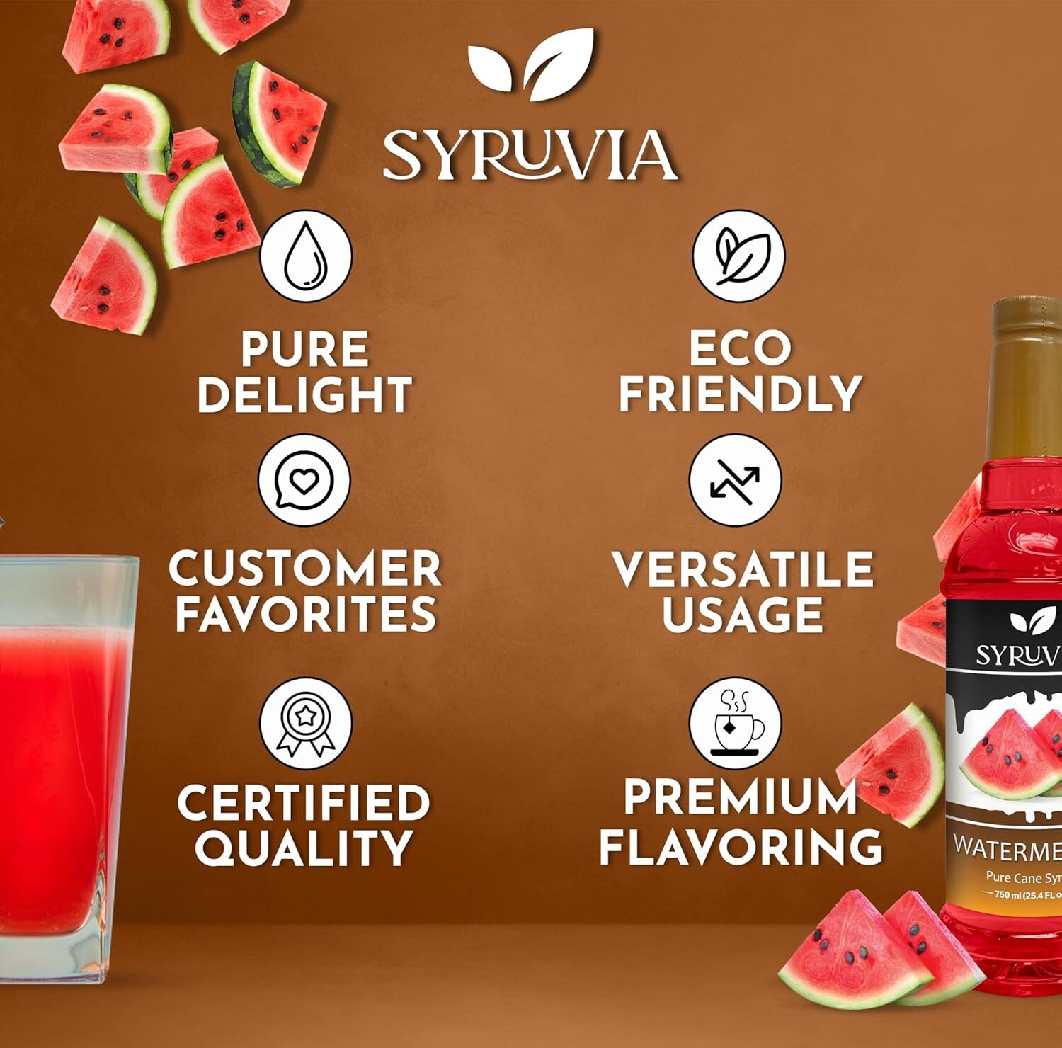 Syruvia Watermelon Syrup 25.4 fl oz, Kosher, Gluten-Free, Perfect for Drinks