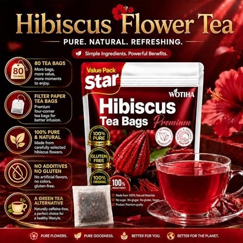 Premium 80 Hibiscus Flowers Tea Bags, 100% Natural, Handmade & Pure from Hibi