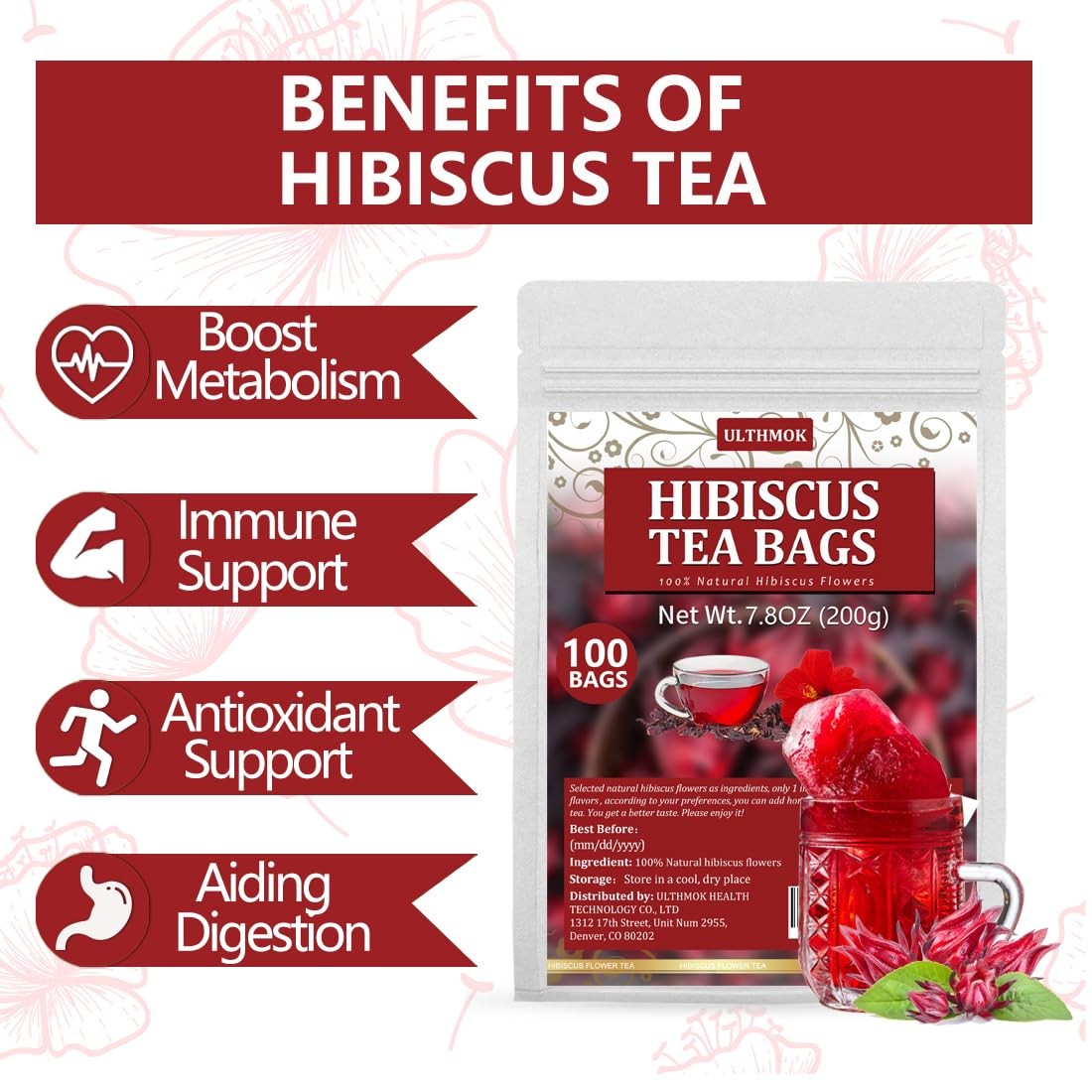 Dried Hibiscus Tea Bags 100 Count Natural Caffeine Free Flower Brew Herbal