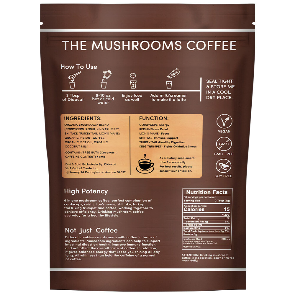 6 in 1 Mushroom Coffee Powder,30 Servings, 6.35oz,Balance your brain for clarity