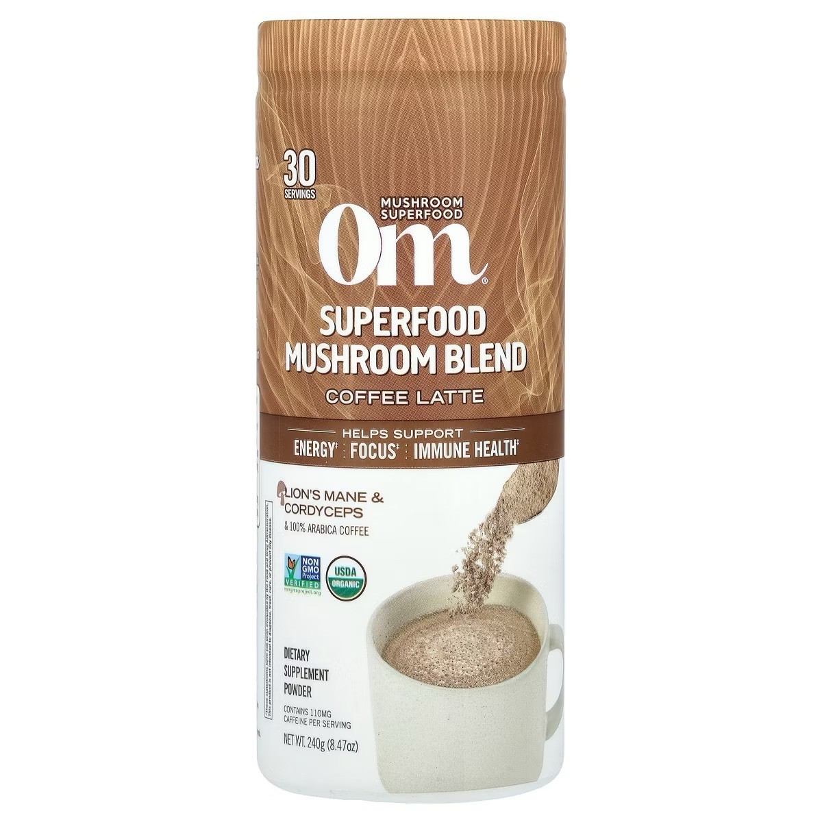 Om Mushrooms Superfood Mushroom Blend, Coffee Latte, 8.47 oz Organic