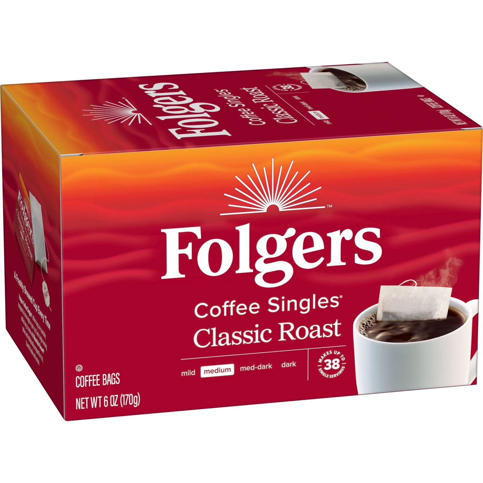 Folgers Coffee Singles Classic Roast Coffee Bags, 38 Count