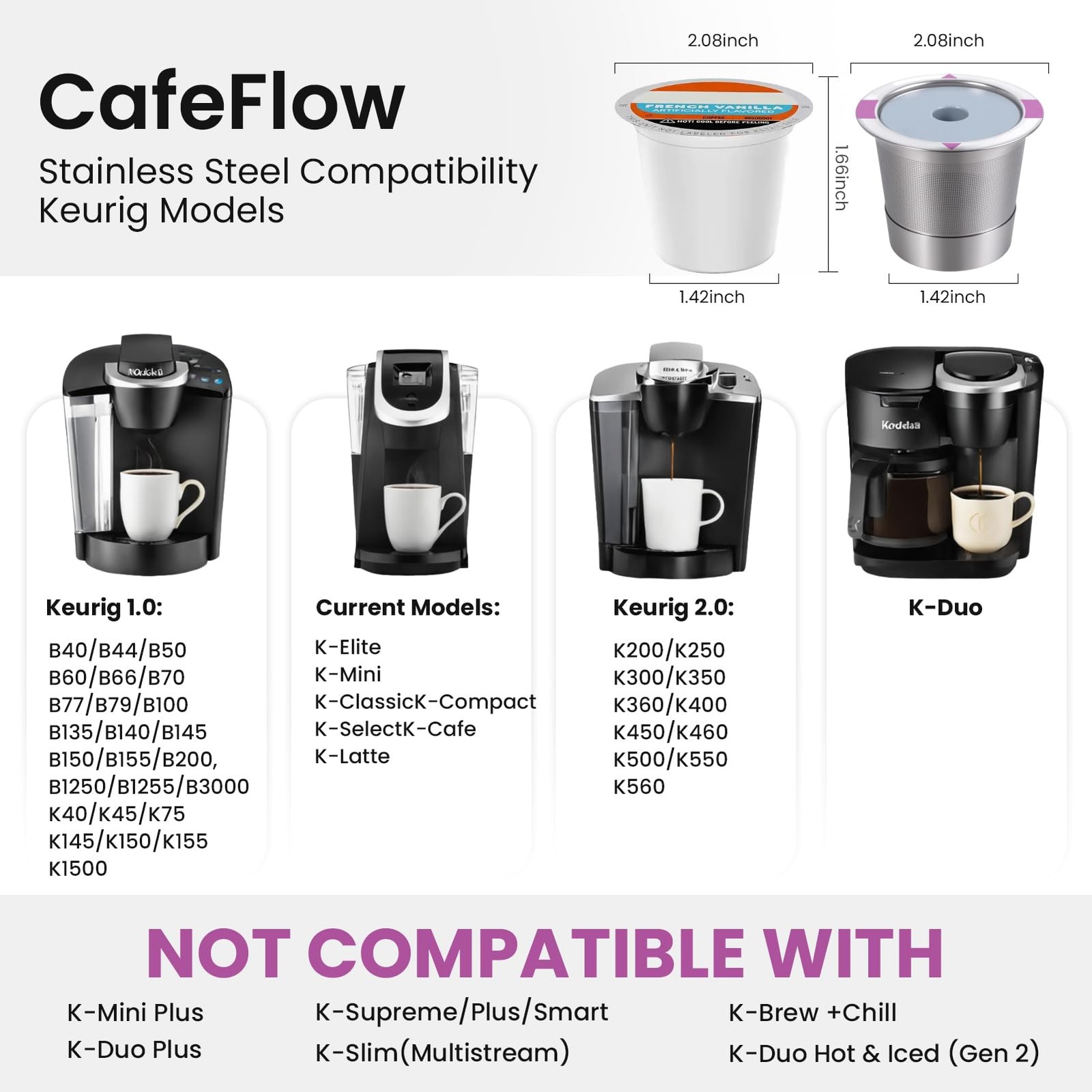 2 Packs Universal K Cups for Keurig, Reusable & 4.52*2.2*2.2inchs, Silver