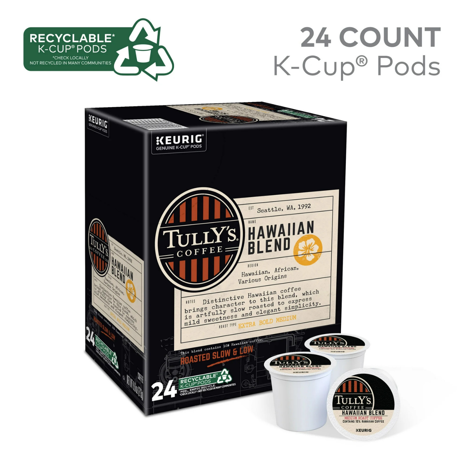 Tully’s Coffee Hawaiian Blend K-Cups – Medium Roast – 24 Count Box – NEW