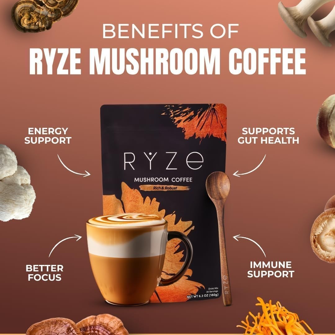 RYZE Mushroom Coffee USDA Organic Instant Coffee 30 Servings Adaptogenic Mushroo