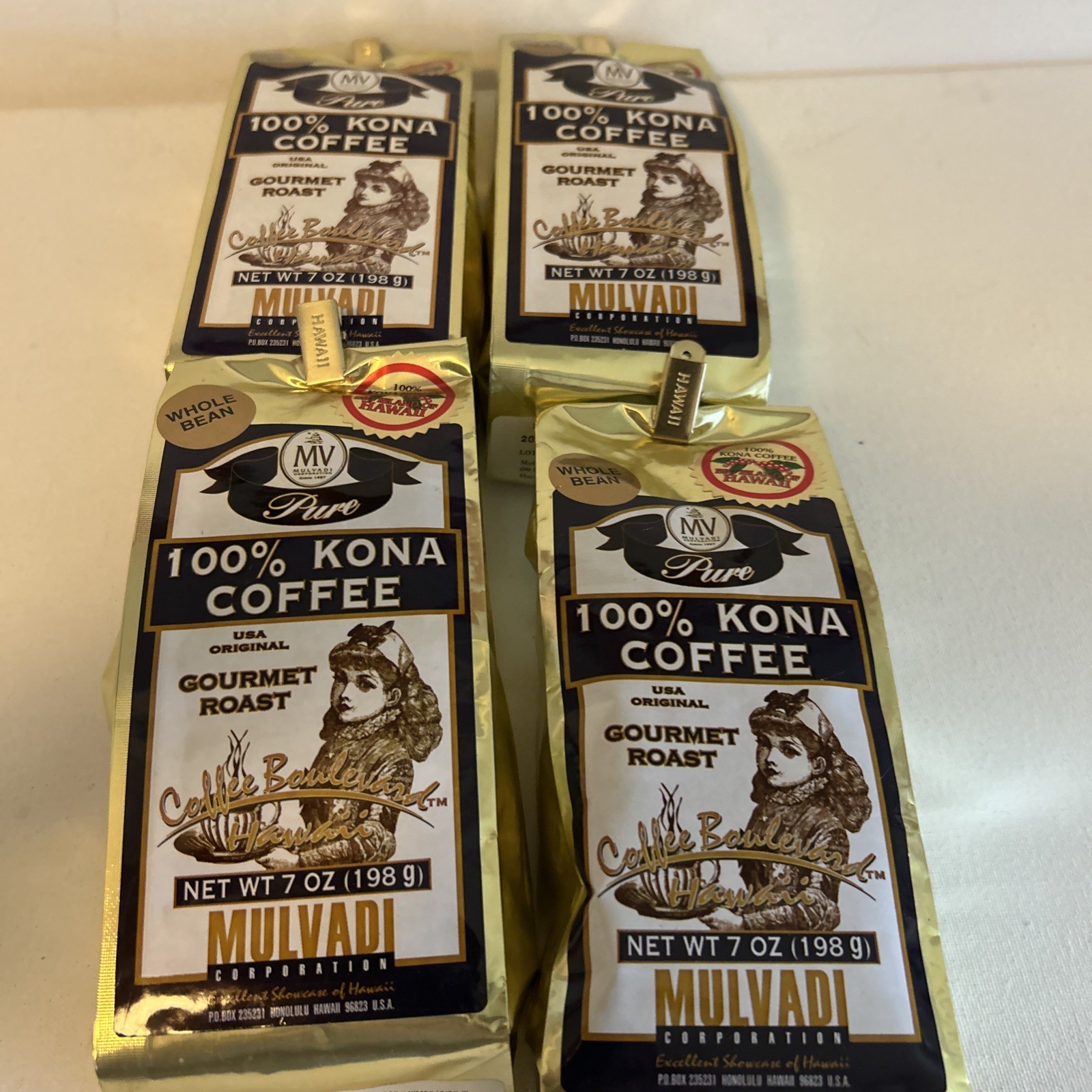 4 Packs Mulvadi 100% Kona Coffee Whole Bean 7 Oz Ea Bb 2/27 Gourmet Free Ship