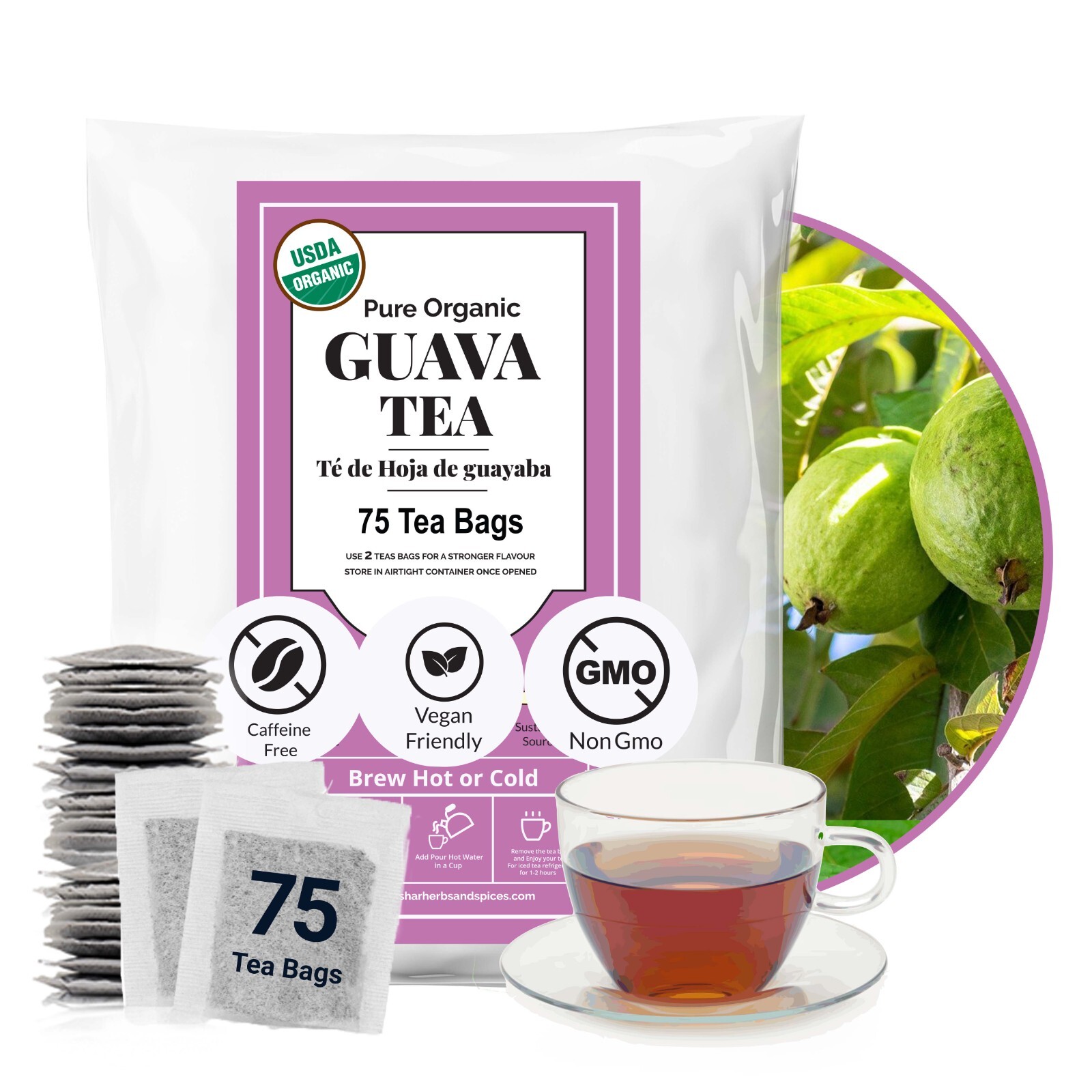 75 Organic Guava Leaf Tea Bags, 100% Pure Guava Tea, DiabeticTea