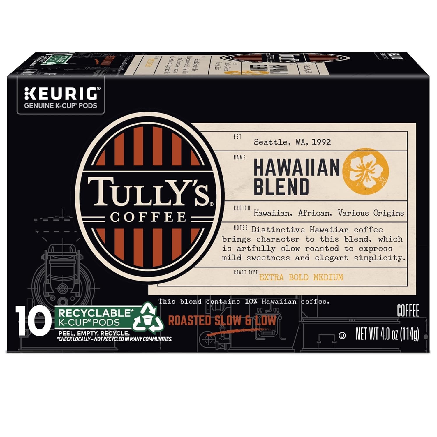 Tully’s Coffee Hawaiian Blend K-Cups, Medium Roast Coffee, 60 Count, (6 Packs)