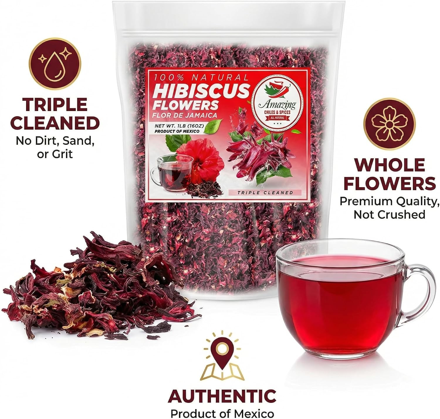Hibiscus Flowers 1lb (16oz) – All Natural, Triple Cleaned – Whole Soft Flowers