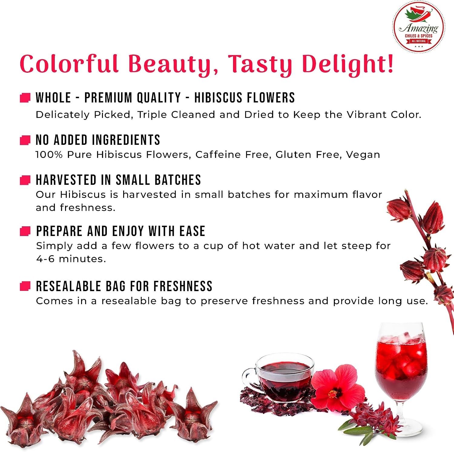 Hibiscus Flowers 1lb (16oz) – All Natural, Triple Cleaned – Whole Soft Flowers