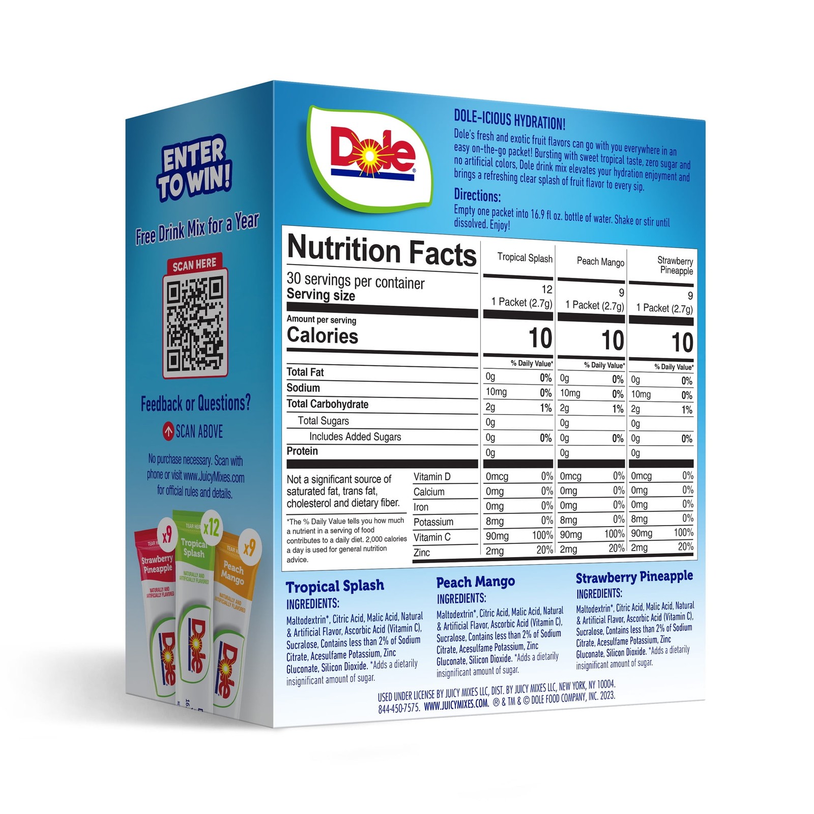 Dole Powder Drink mix variety Pack Tropical Peach Mango & Fruit Sugar Free 30 Ct