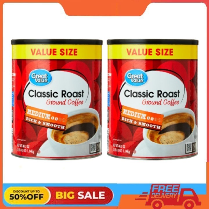 2 Pack Great Value Classic Medium Roast Ground Naturally Caffeinated Coffee, 40.