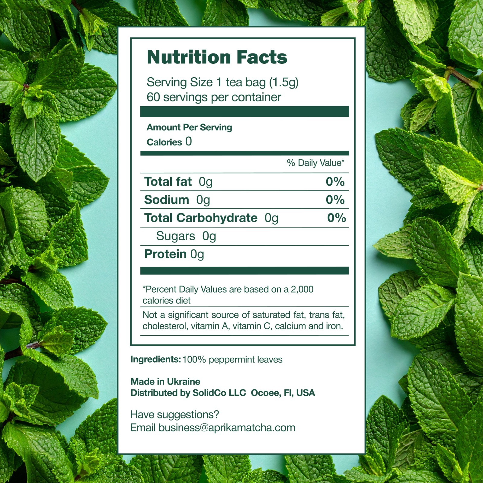 Pure Peppermint Tea – no stems, 100% Natural Herbal Tea, 60 bags, USA seller