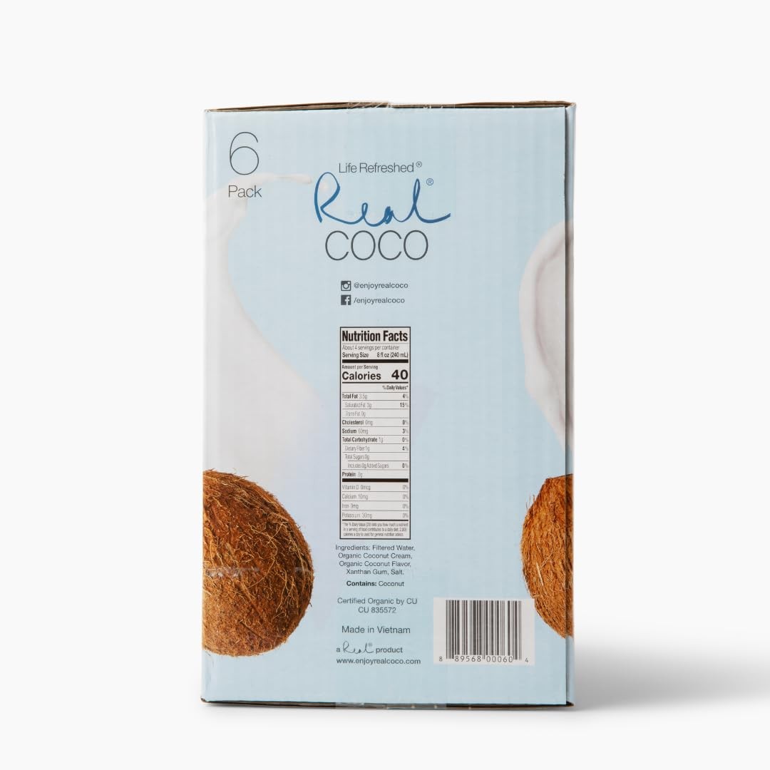 Real Coco Organic Original Coconut Milk Beverage 33.8 Fl Oz (Pack of 6)