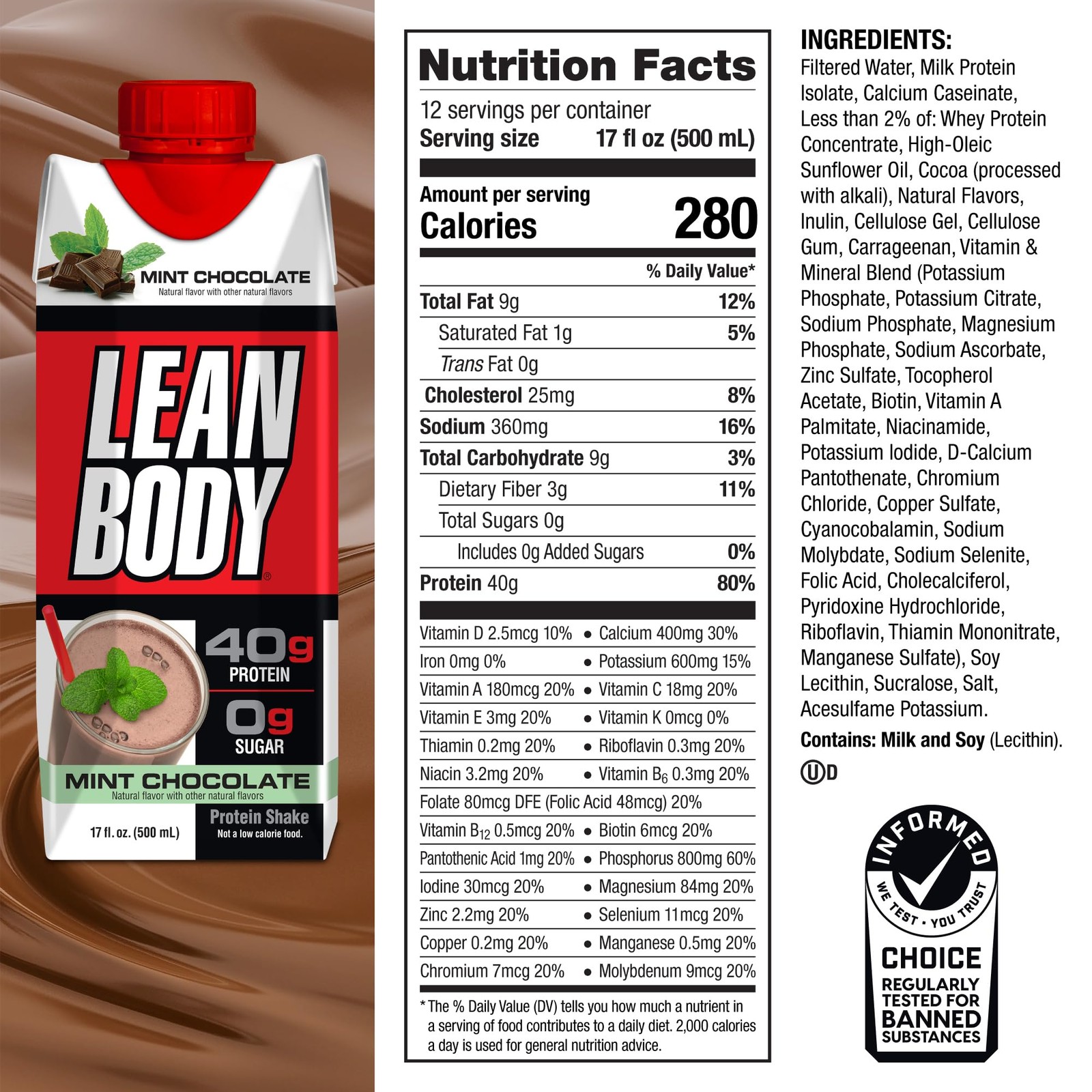 Labrada Lean Body Ready-to-Drink Mint 17 Fl Oz (Pack of 12), Red and White