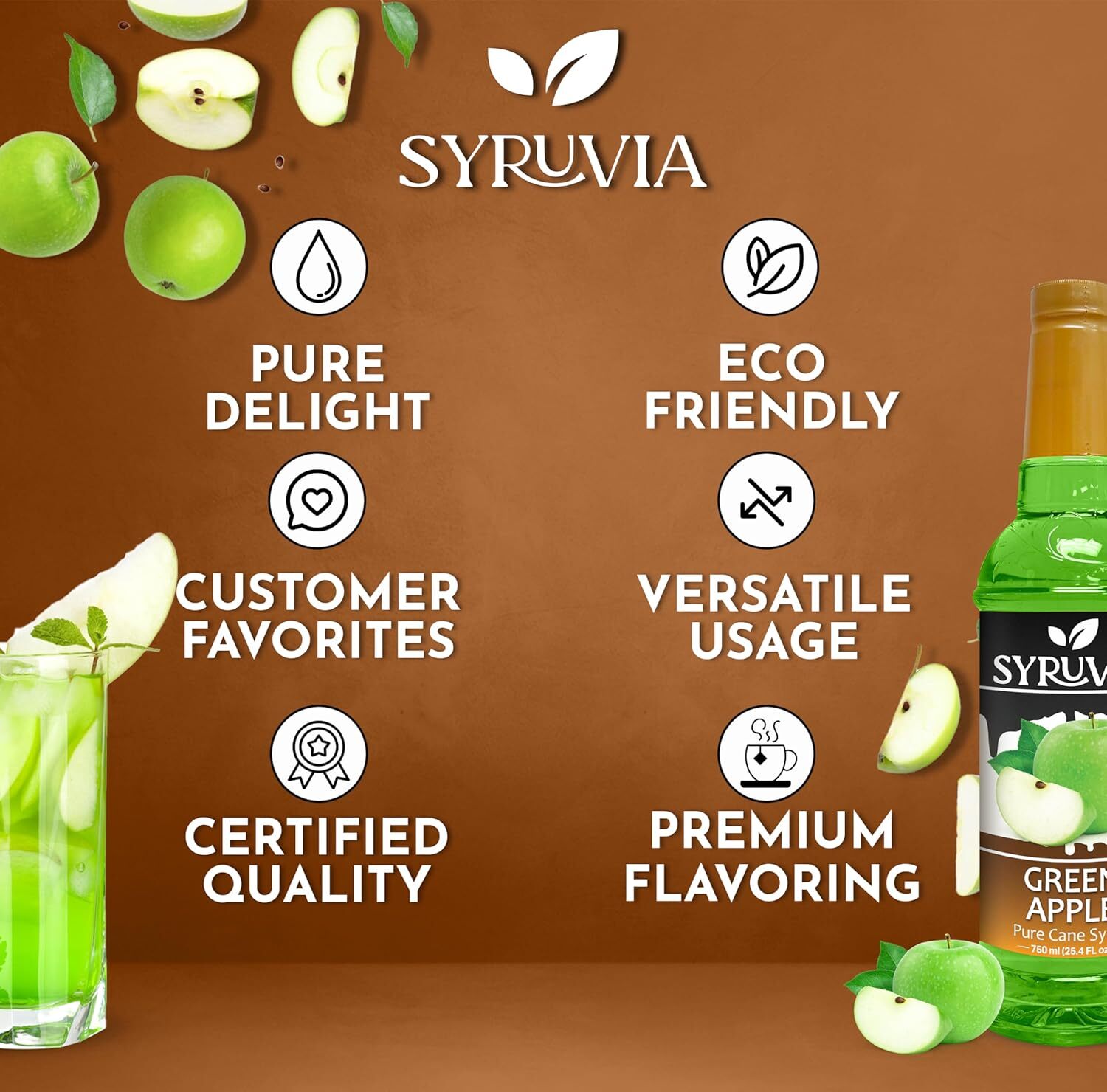 Syruvia Green Apple Syrup 25.4 fl oz, Kosher, Gluten-Free, Perfect for Drinks