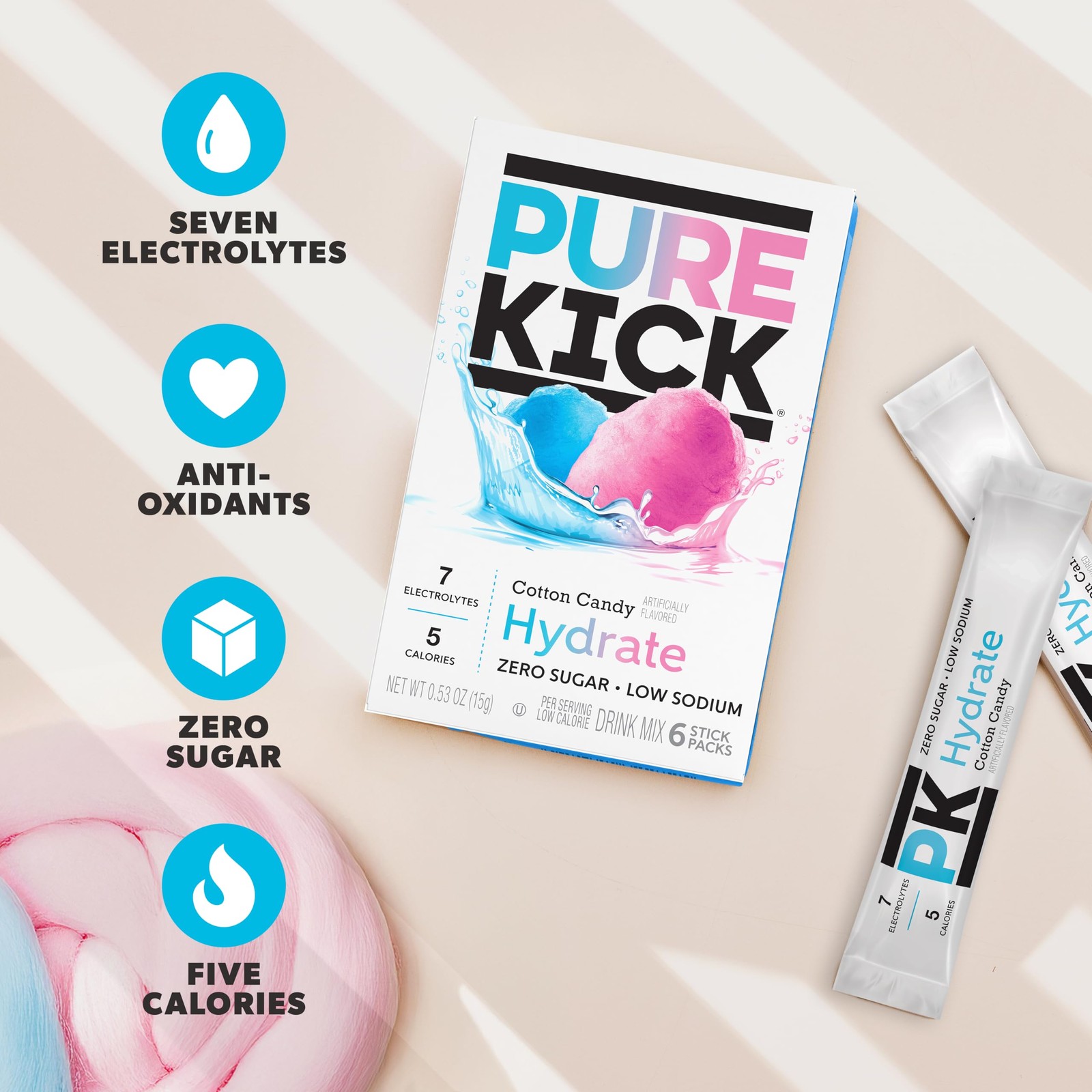 Pure Kick Hydration Singles To Go Water Drink Mix, Cotton Candy, 72 Packets