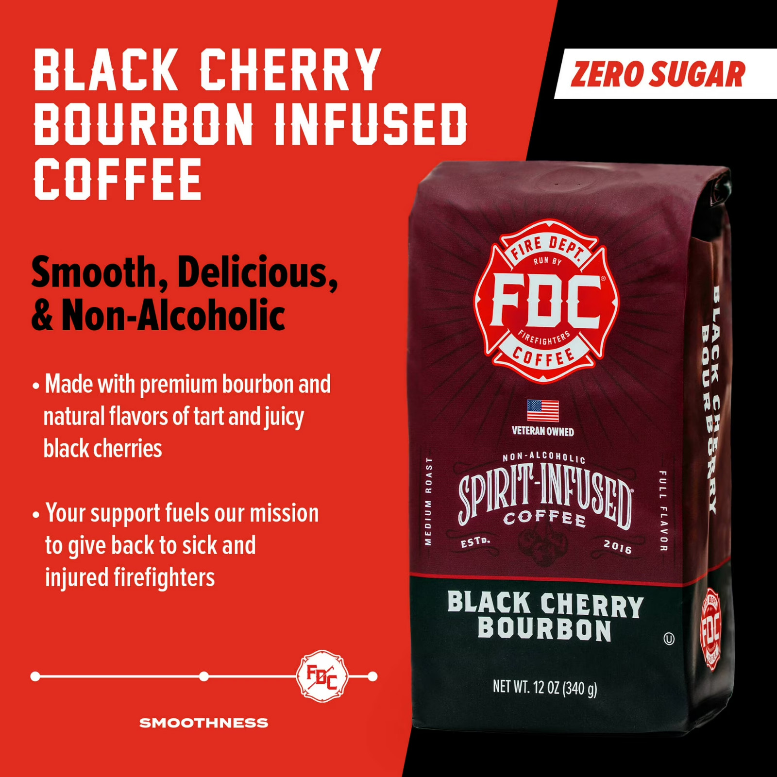 Fire Department Coffee, Black Cherry Bourbon Infused, Premium Ground Coffee 12 o