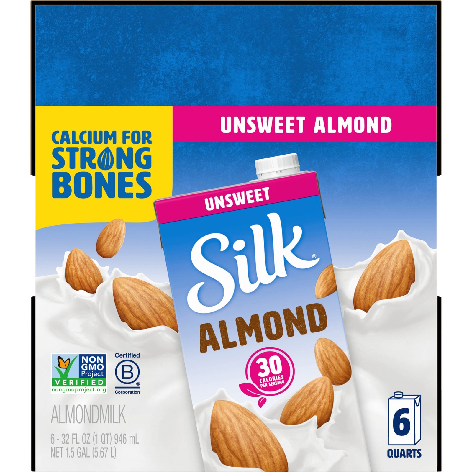 Silk Shelf-Stable Almond Milk, Unsweetened, Dairy-Free, 32 Fl Oz (Pack of 6)