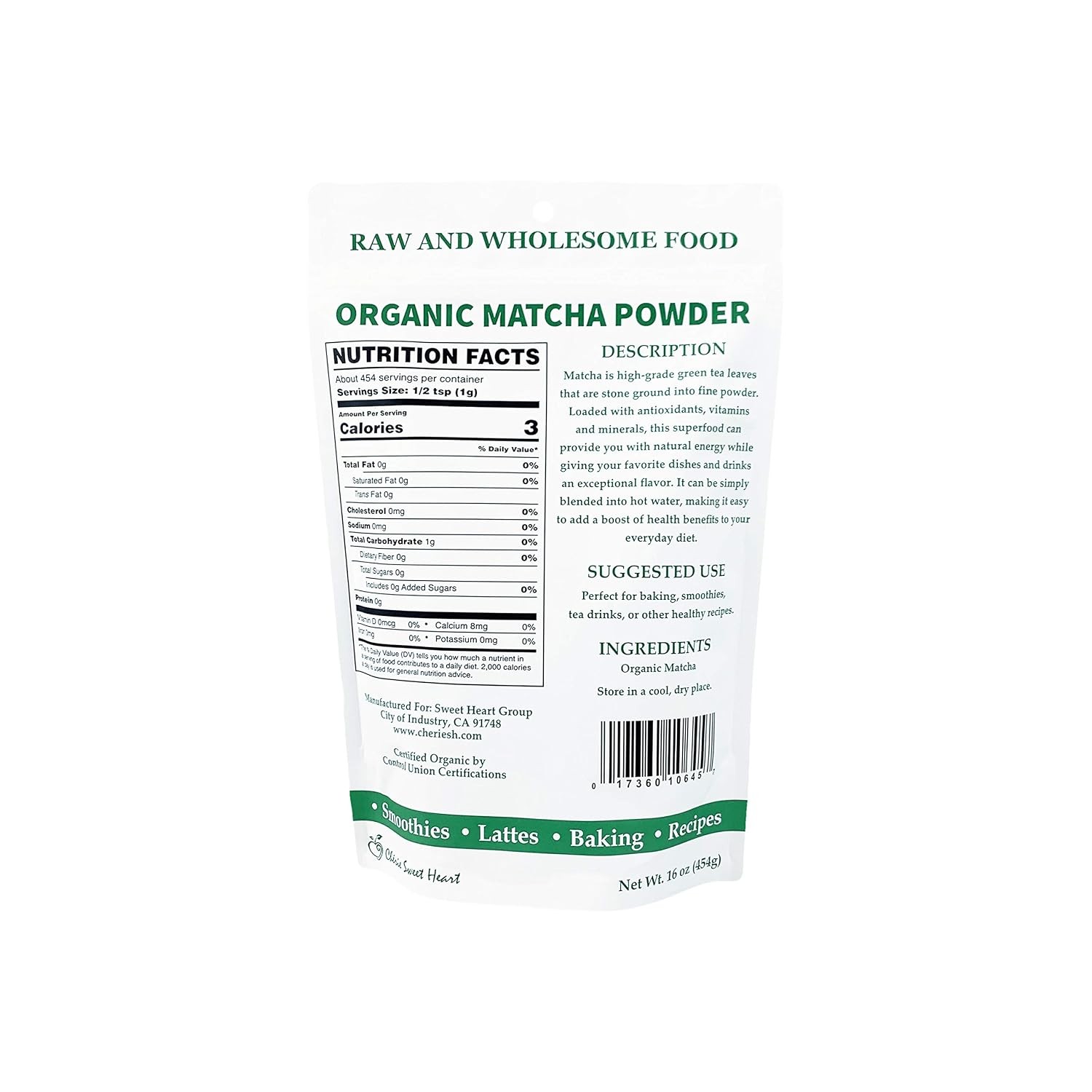 Cherie Sweetheart Organic Matcha Green Tea Powder – 16oz
