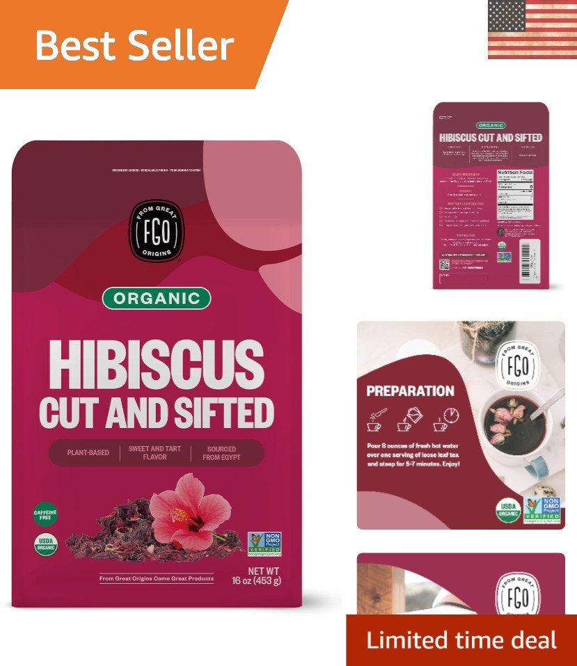 Organic Cut and Sifted Hibiscus Flowers 16oz – USDA Certified, Resealable Bag