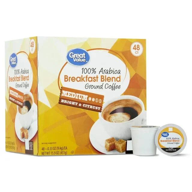 Great Value 100% Arabica Breakfast Blend Medium Roast Ground Coffee Pods, 48 Ct