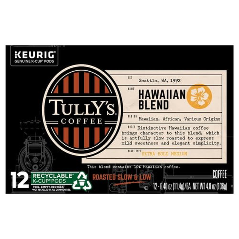 Tullys Coffee Hawaiian Blend K-Cups, Medium Roast Coffee, 12 Count