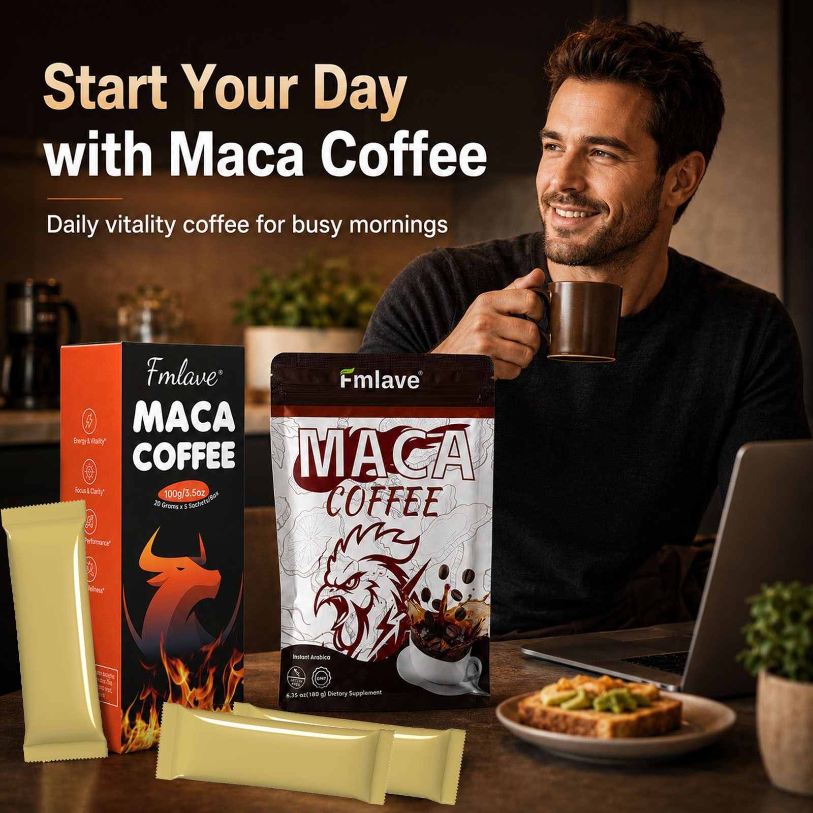 Maca Coffee for Men Herbal Supplement Energy Coffee Ginseng Ashwagandha Cordycep