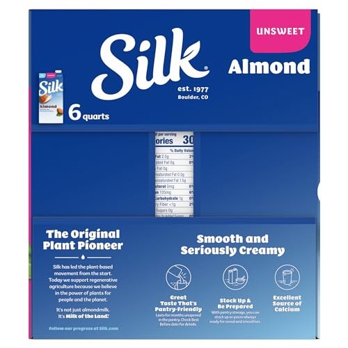Silk Shelf-Stable Almond Milk, Unsweetened, Dairy-Free, 32 Fl Oz (Pack of 6)