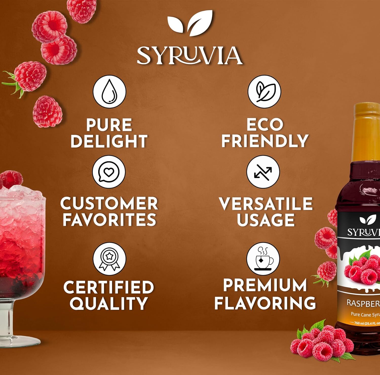 Syruvia Raspberry Syrup 25.4 fl oz, Premium Flavoring for Beverages & More