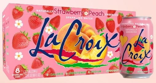 (3 pack) LaCroix Strawberry Peach, Sparkling Water, 8 Pack, 12 oz Cans