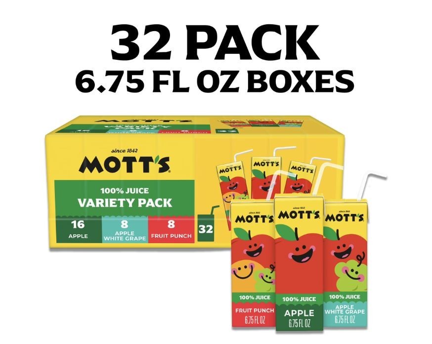 Mott’s 100percent Apple Juice Variety Pack, 6.75 fl oz, 32 Count Boxes.