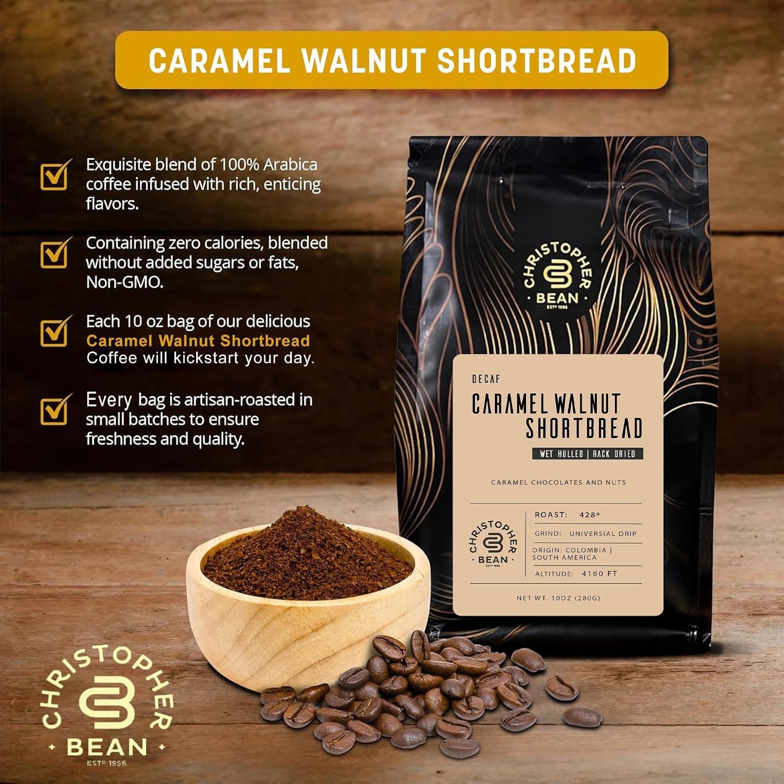 Christopher Bean Coffee – Certified Kosher – Decaf Ground Universal Drip Caramel