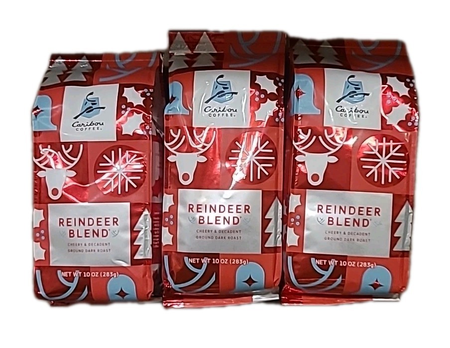 Caribou Reindeer Blend Dark Roast Ground Coffee Cheery & Decadent 3 Bags 10oz