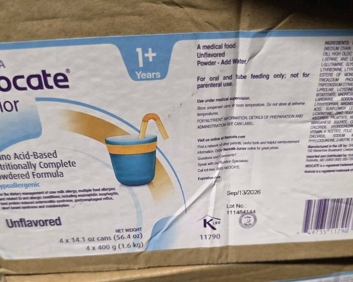 (4)Neocate Jr Unflavored 14.1 Oz FREE SHIPPING EXP 9/13/26+