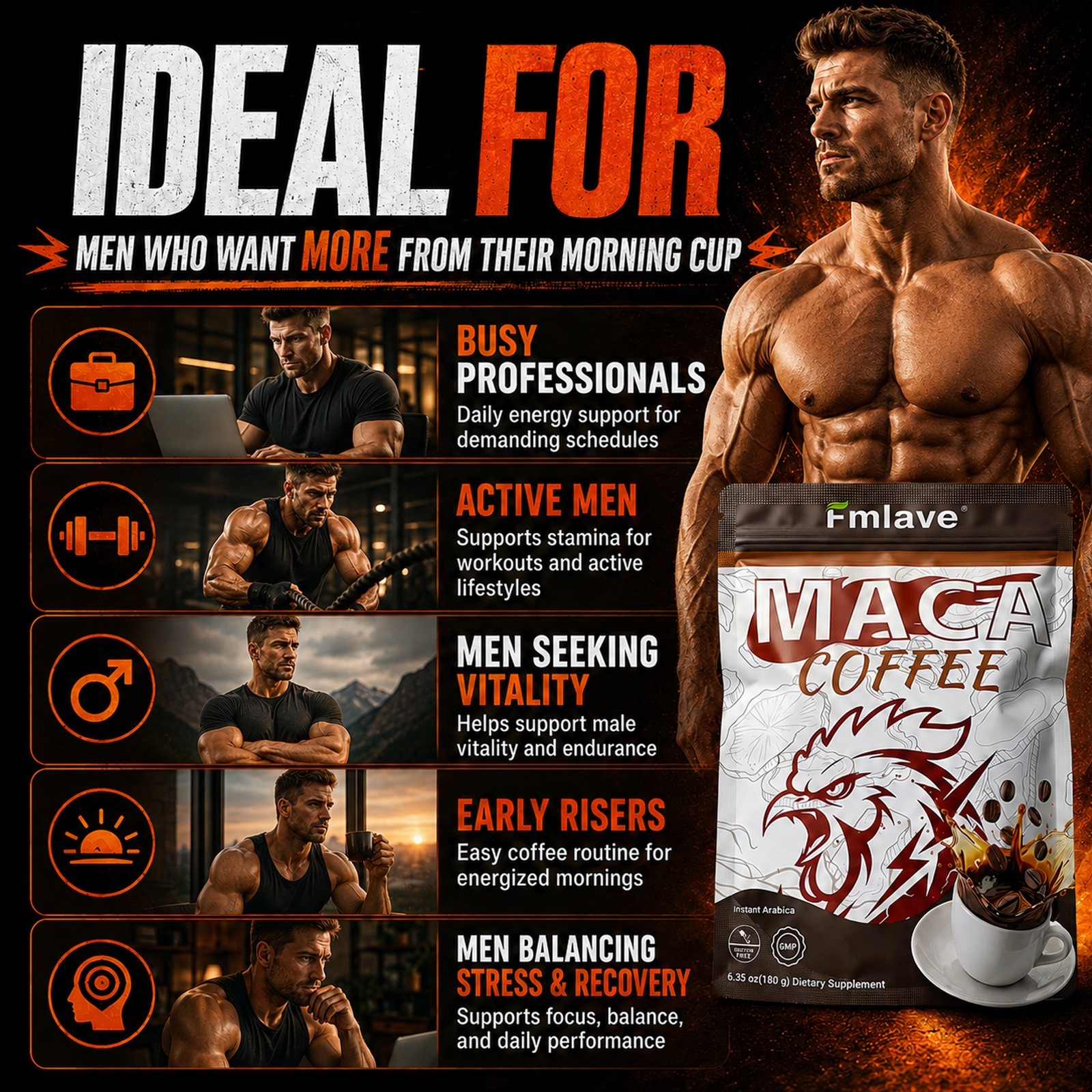 Maca Coffee for Men Herbal Supplement Energy Coffee Ginseng Ashwagandha Cordycep