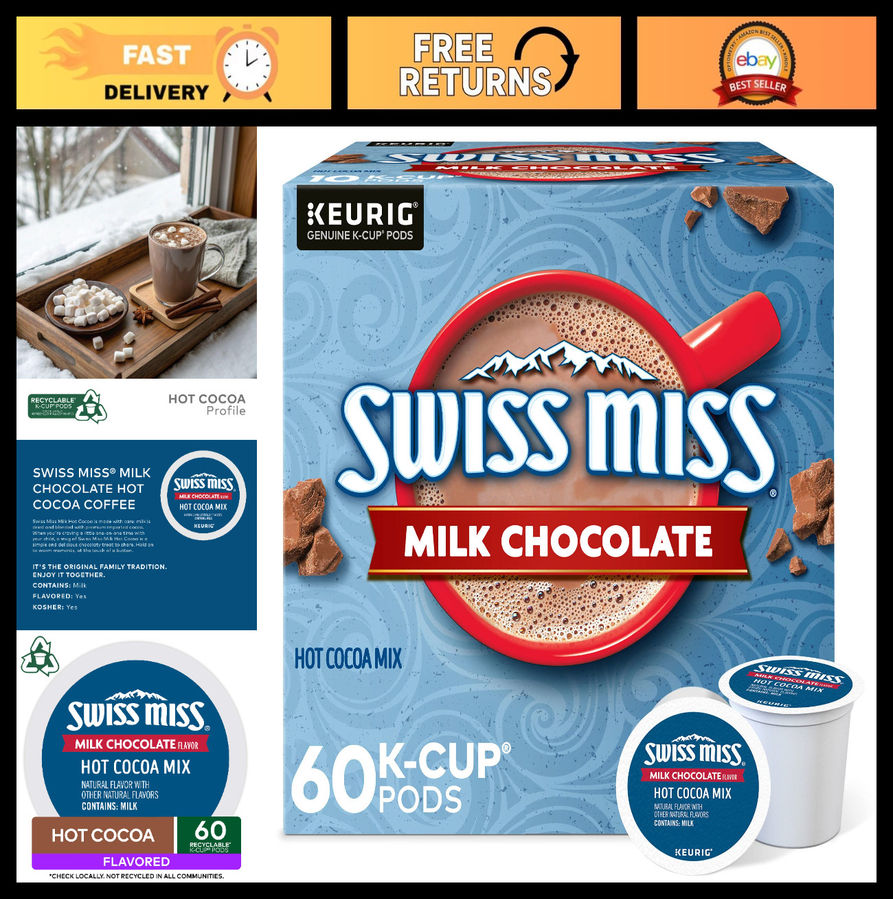 Rich Milk Chocolate Hot Cocoa K-Cup Pods for Keurig, 60 Count – Perfect for Cozy