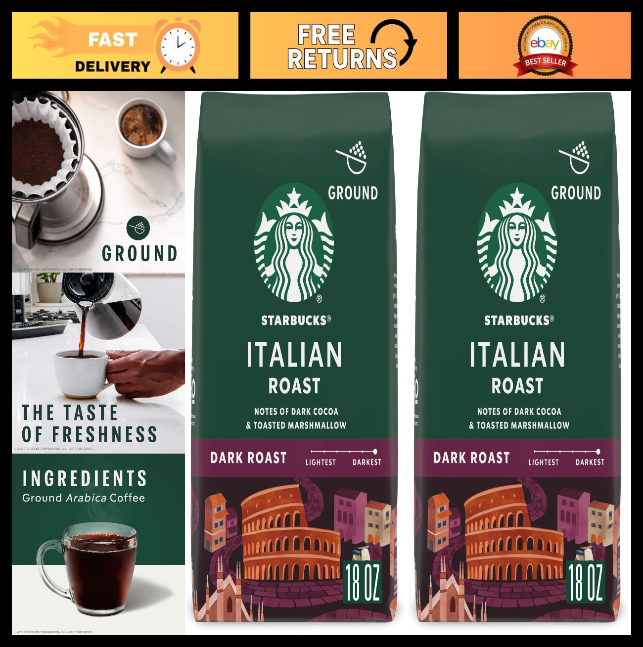 Dark Roast Ground Coffee, Italian Blend, 100% Arabica, 18 oz Bag (Pack of 2)