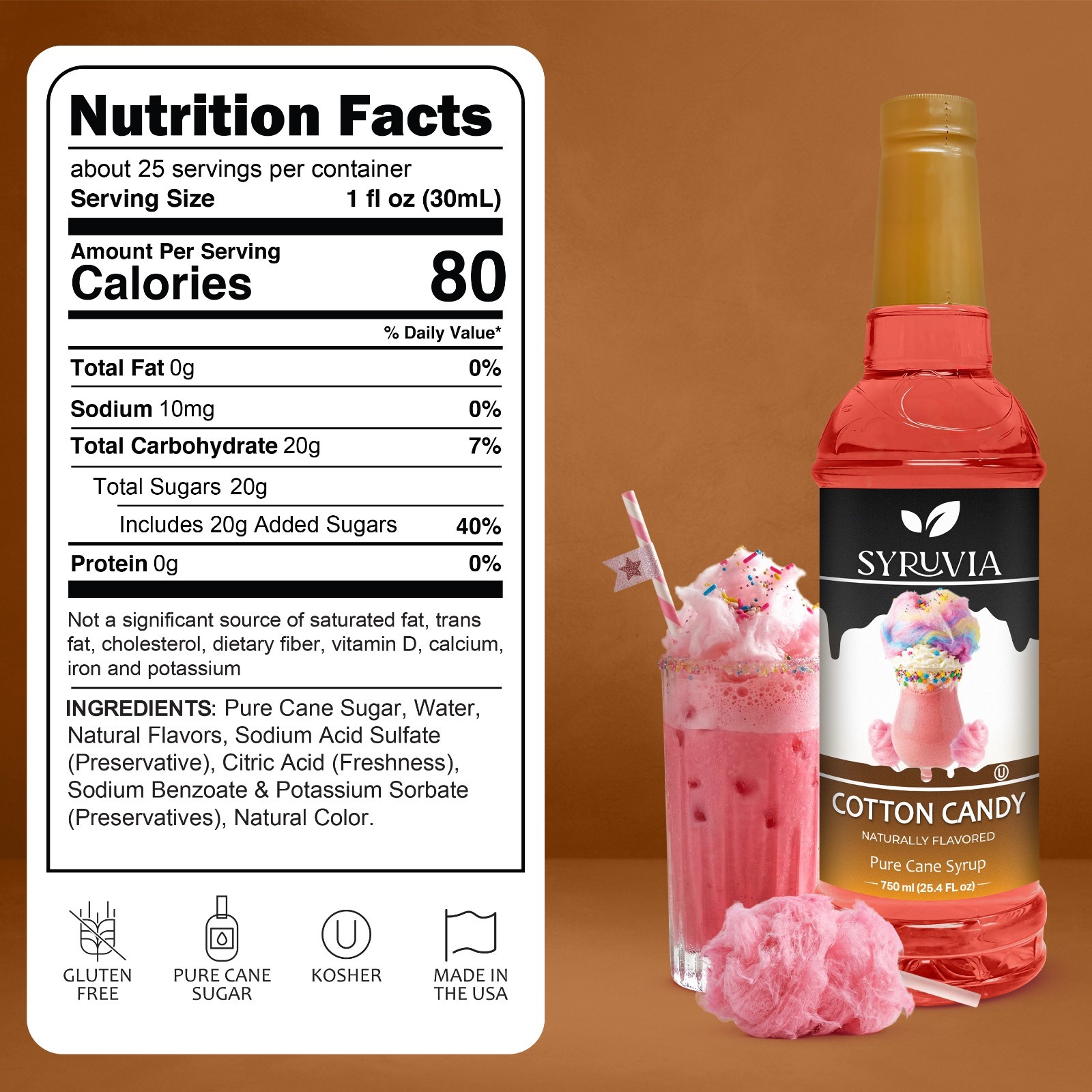 Syruvia Cotton Candy Syrup 25.4 fl oz, Kosher, Gluten-Free for Drinks, Soda & Mo