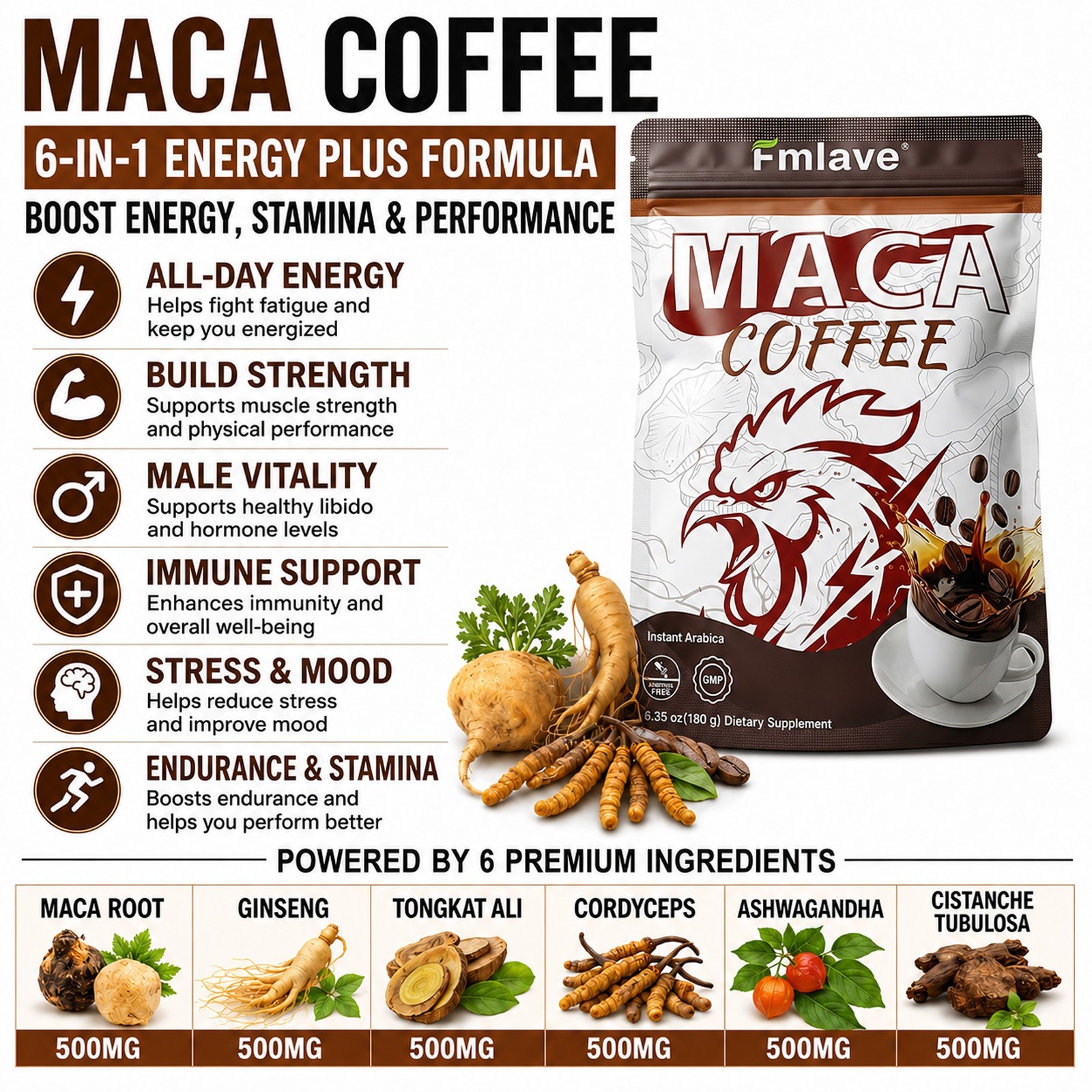 Men’s Energy Enhance Coffee Instant Coffee with Maca Ginseng Ashwagandha 6.35 oz