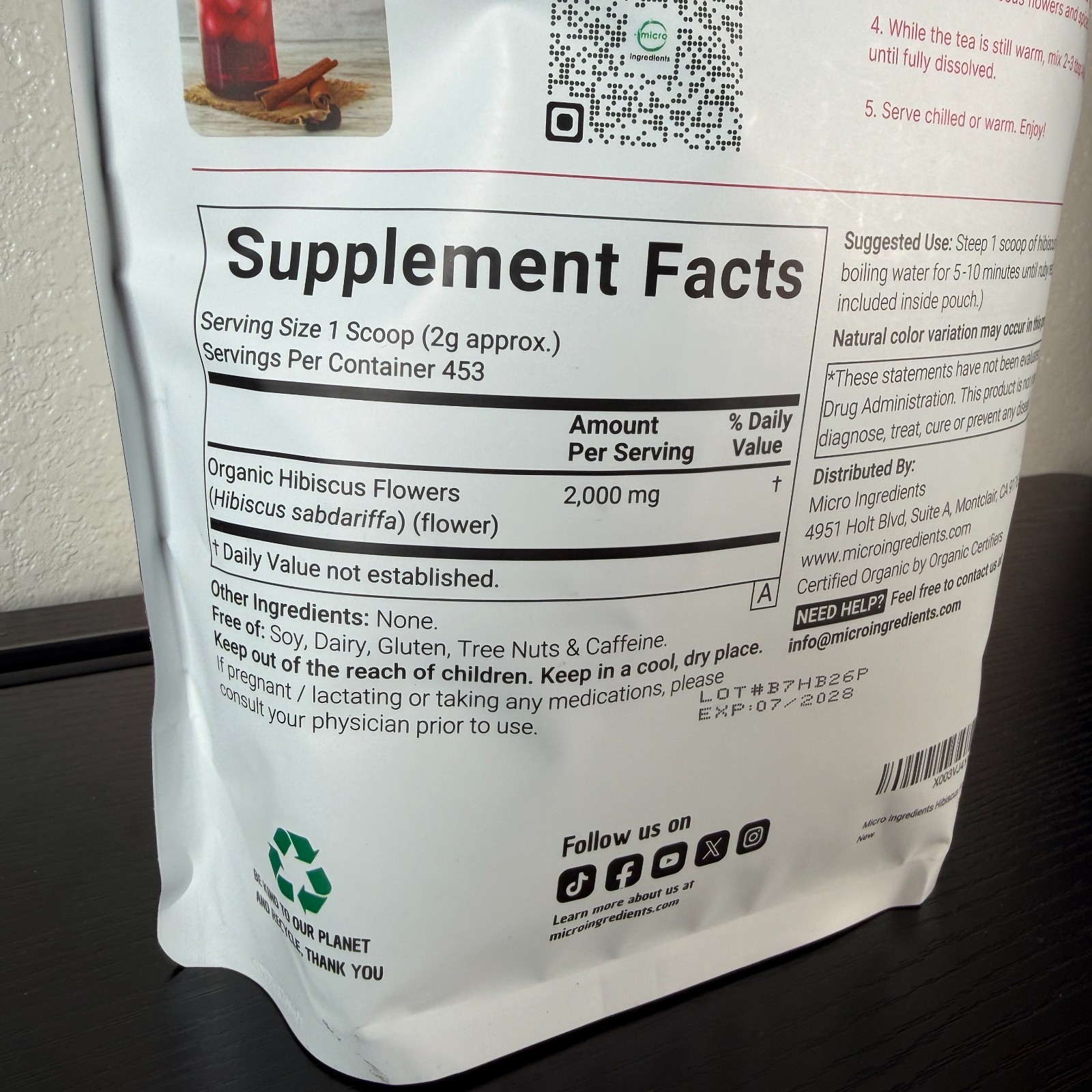 Micro Ingredients Organic Hibiscus Flowers 2 lb Caffeine Free, Loose Leaf Tea