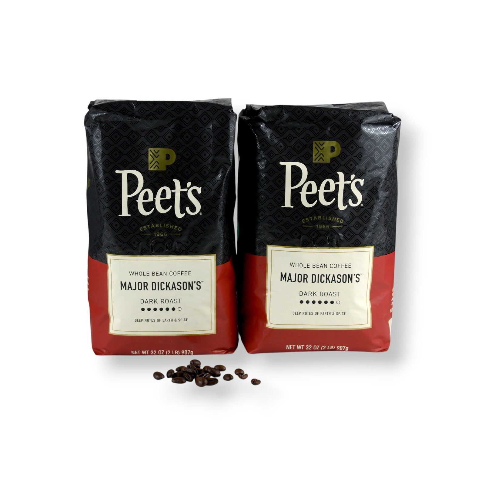 2 Packs Of Peet’s Major Dickason’s Dark Roast Whole Bean Coffee 32 Oz Each