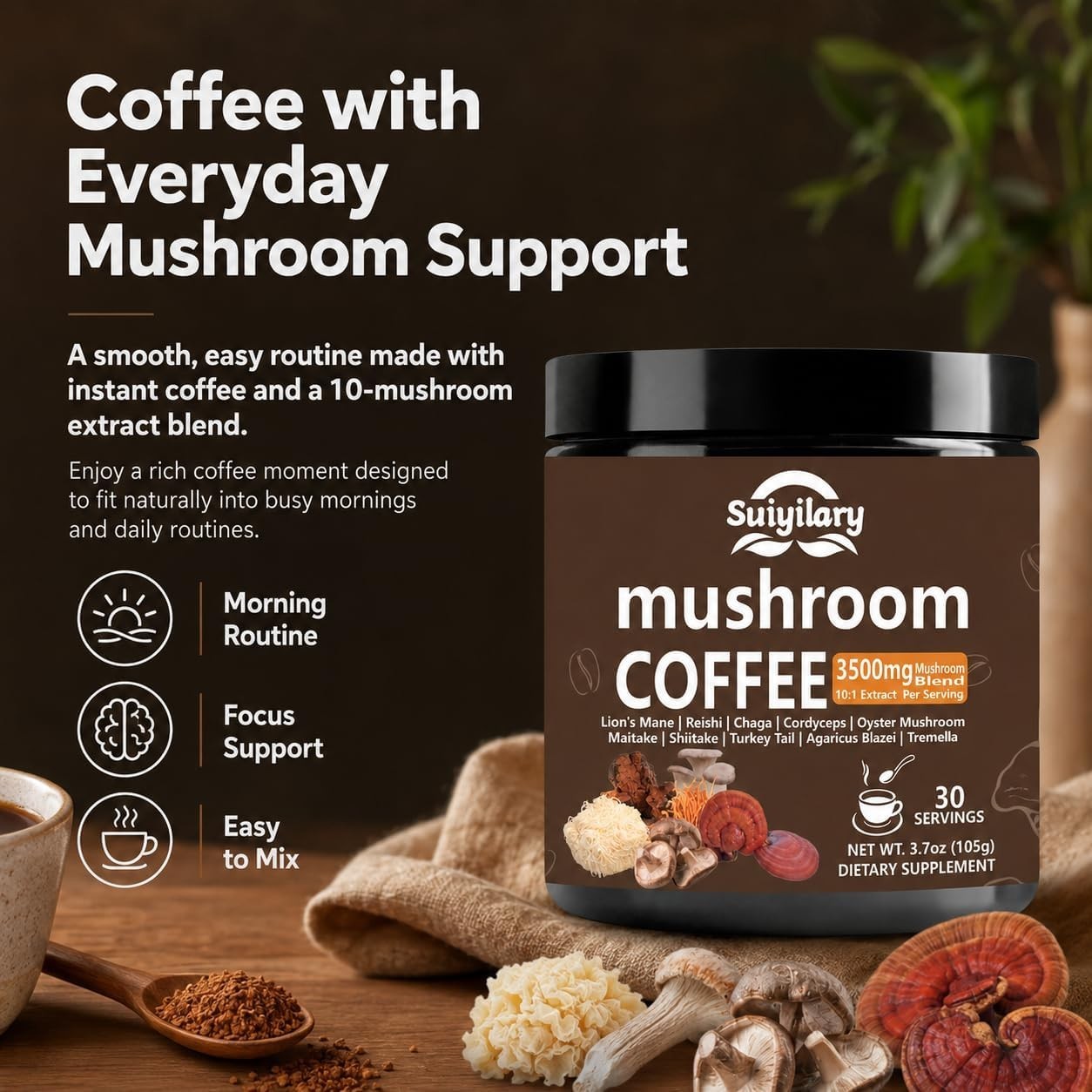 Mushroom Coffee Organic 10 Mushroom Blend Complex Coffee 30 Servings