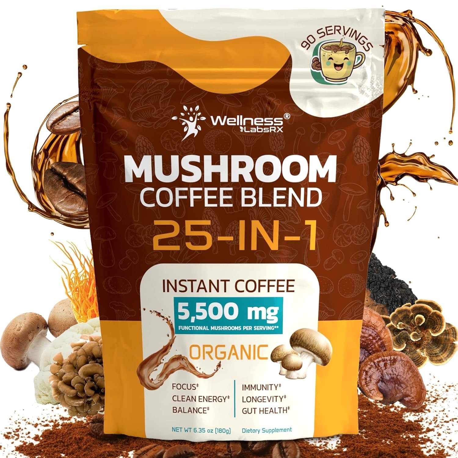 Organic Mushroom Coffee 25-in-1 Instant Keto Lions Mane Rich Smooth Flavor Blend