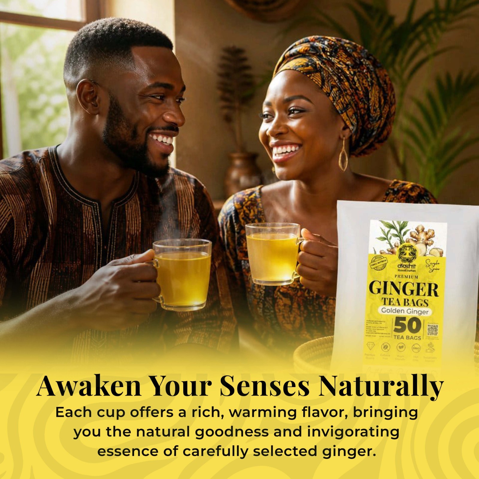50 Ginger Tea Bags, 100% Natural Ginger Herbal Tea, Caffeine Free, No Additive